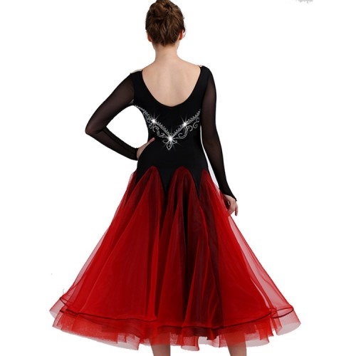 Women's girls ballroom dancing dresses black with wine rhinestones competition professional tango waltz dance skirt dress
